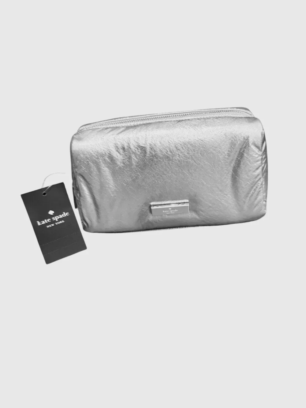KATE SPADE Carter Metallic Silver Cosmetic Makeup Travel Pouch Case NEW W/TAG